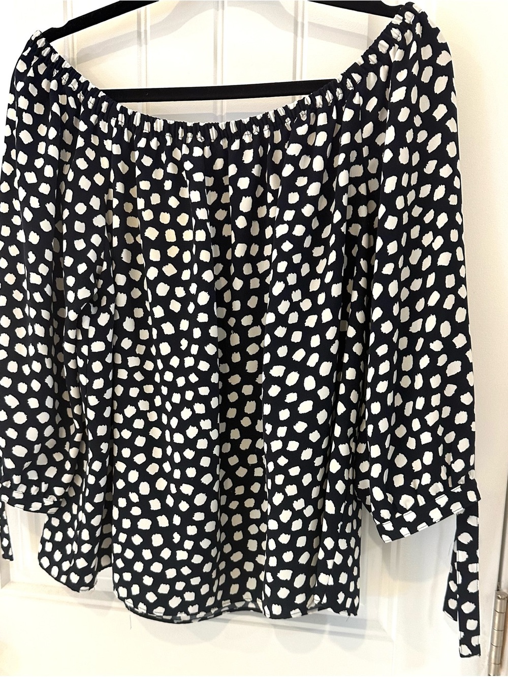 J. Crew navy blue Off-the-Shoulder Polka Dot Blouse with tie at the 3/4 sleeve